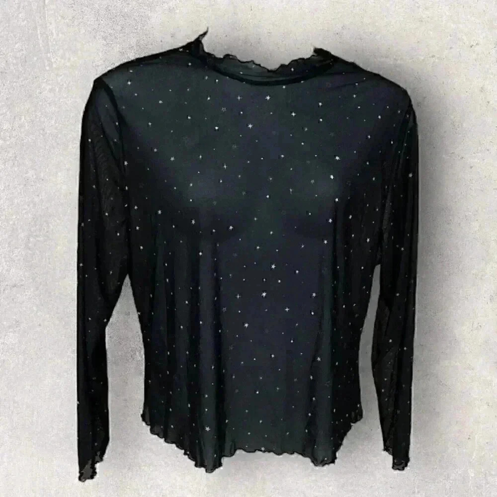 Long sleeve sheer black shirt with stars plus size 4XL